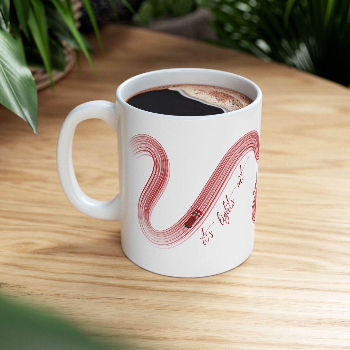 Red Painted F1  It's Lights Out and Away We Go Mug, Unique Gift for Coffee Lovers, Whimsical Formula 1 Gift