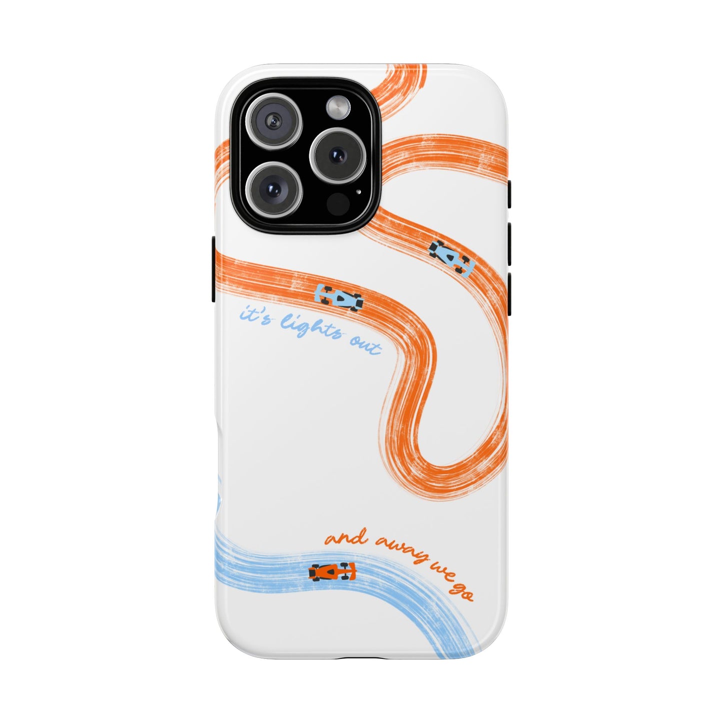 McLaren F1 Phone Case Orange and Blue Painted "its lights out and away we go", Trendy F1 Gift, Formula 1 Gift, Cute F1 Phone Case