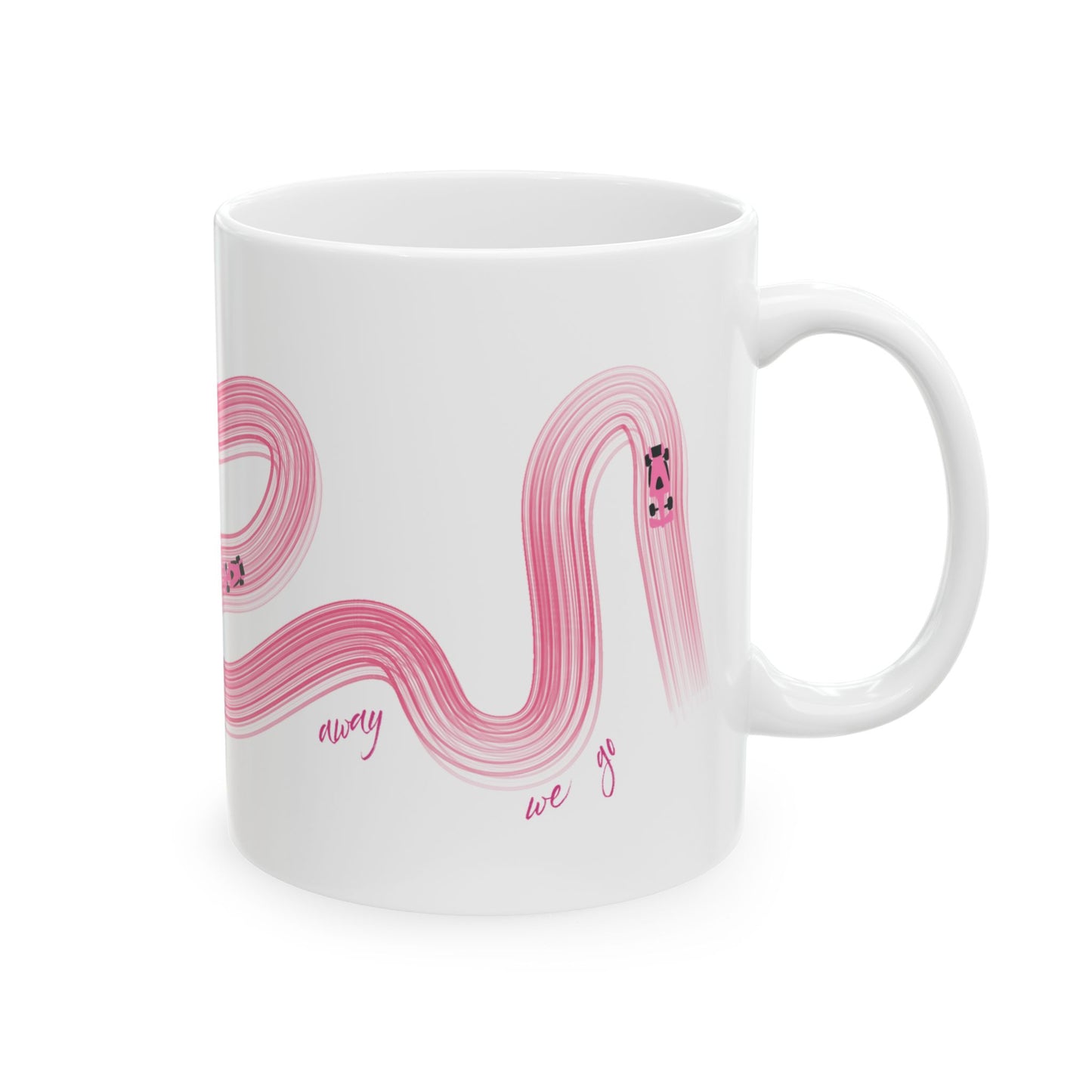 Pink Painted F1  It's Lights Out and Away We Go Mug, Unique Gift for Coffee Lovers, Whimsical Formula 1 Gift