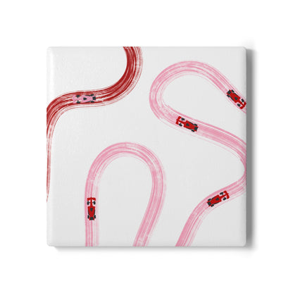 Pink and Red Racing Cars Track Illustration Ceramic Coaster | Pink Curved Tracks with Tiny Cars