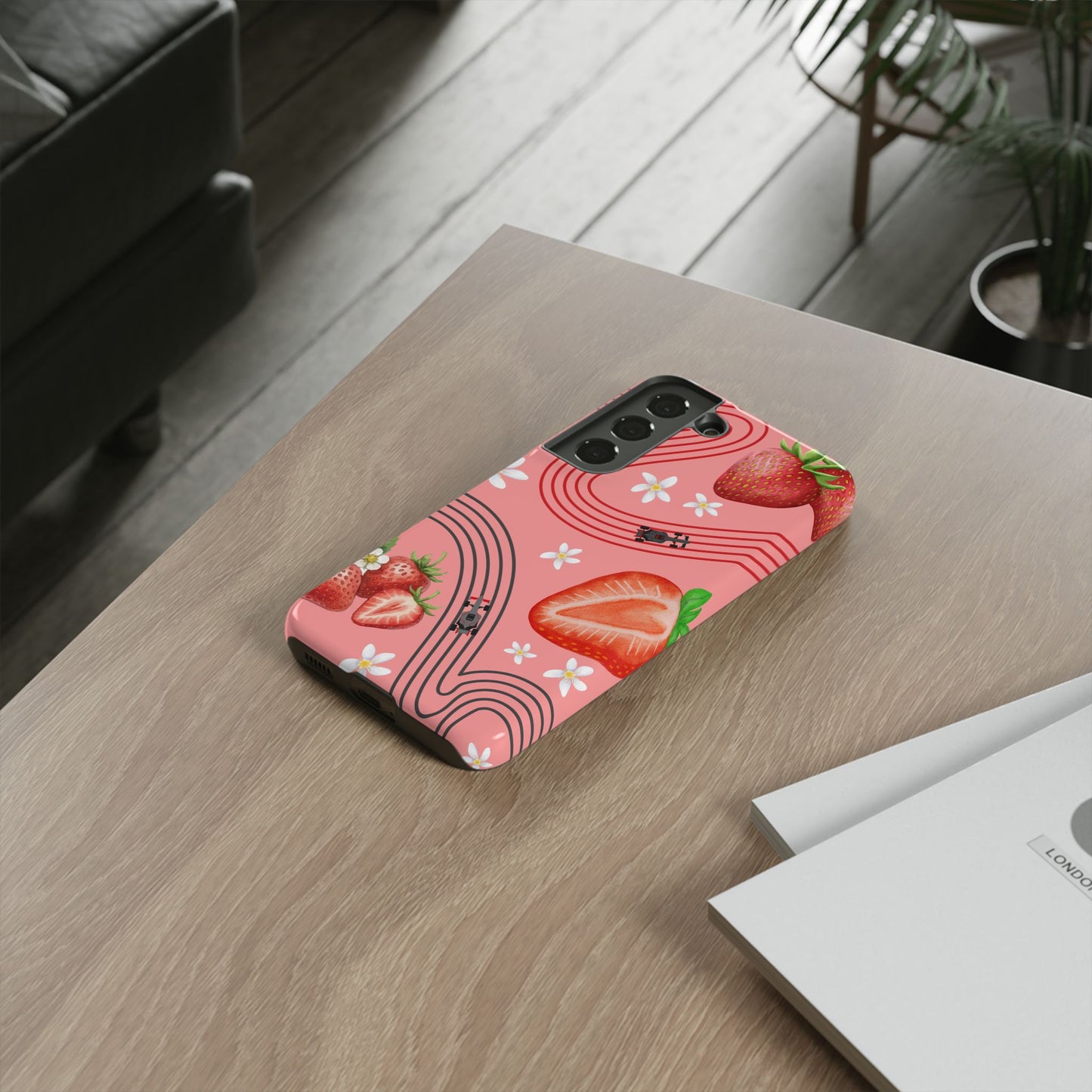 Red F1 Audi and Strawberries Phone Case, Trendy F1 Gift, Formula 1 Gift, Cute Fruit F1 Phone Case, Unique Phone Case