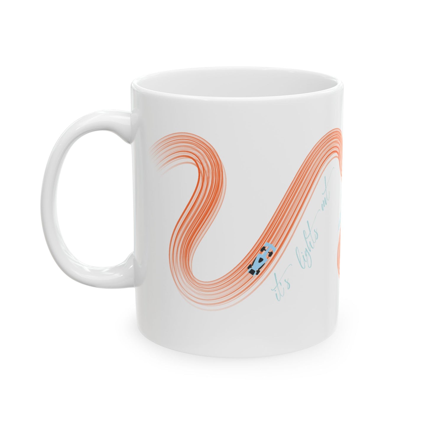 McLaren Orange and Blue Painted F1  It's Lights Out and Away We Go Mug