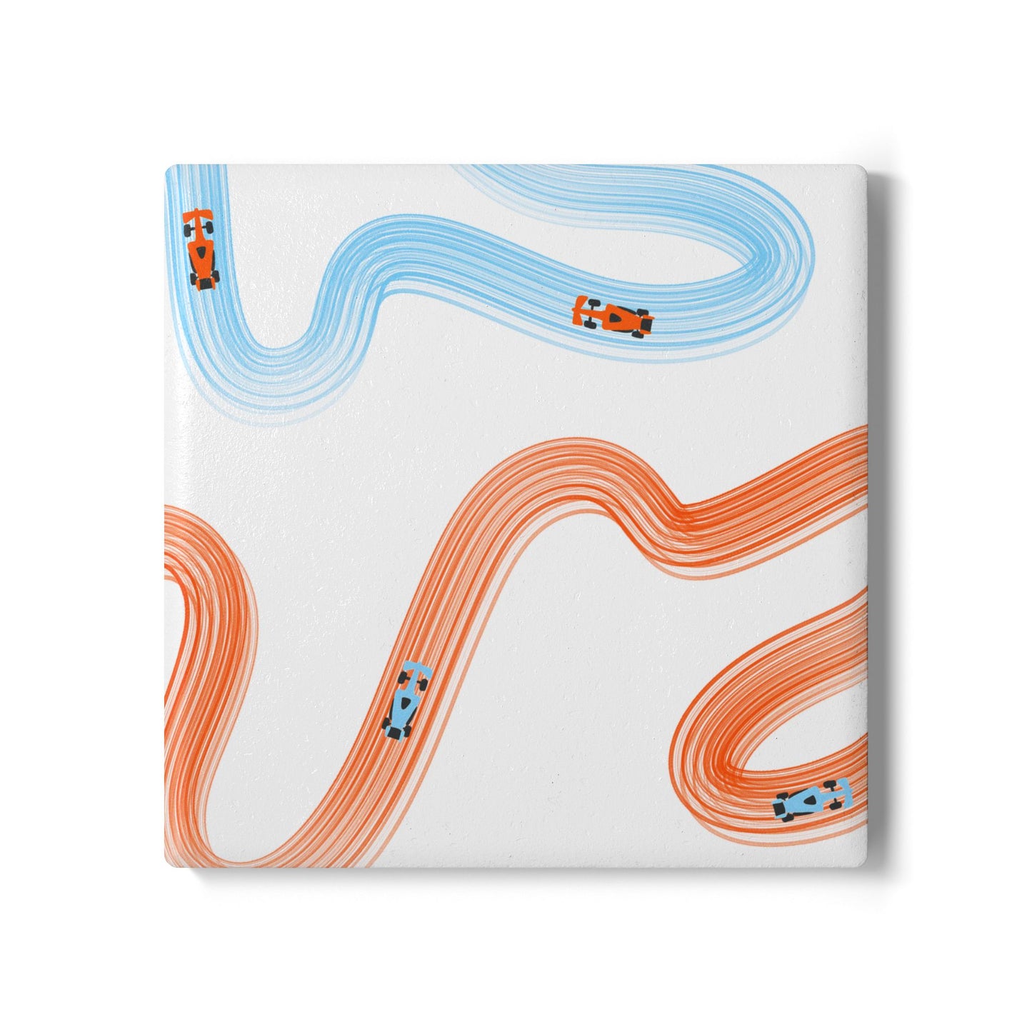 McLaren Orange and Blue Racing Cars Track Illustration Ceramic Coaster | Curved Tracks with Tiny Cars