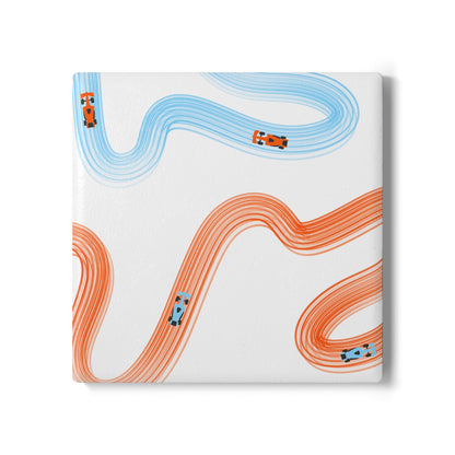 McLaren Orange and Blue Racing Cars Track Illustration Ceramic Coaster | Curved Tracks with Tiny Cars