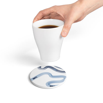 Blue Racing Cars Track Illustration Ceramic Coaster | Curved Tracks with Tiny Cars