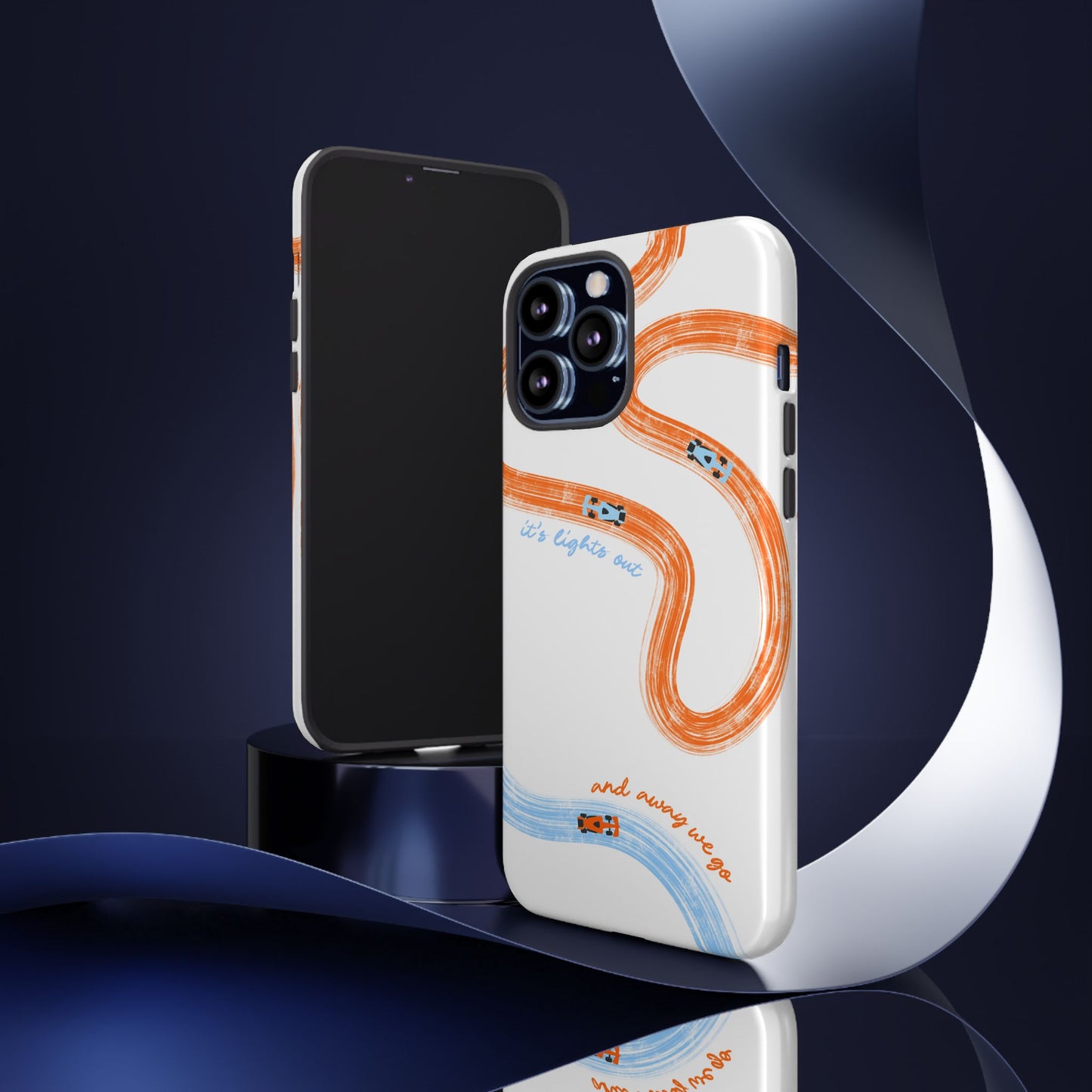 McLaren F1 Phone Case Orange and Blue Painted "its lights out and away we go", Trendy F1 Gift, Formula 1 Gift, Cute F1 Phone Case