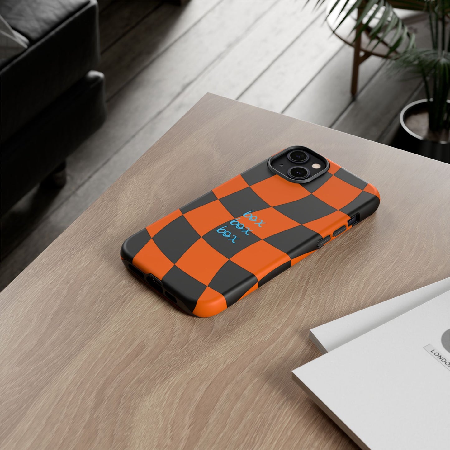 McLaren Orange and Black Checkered F1 Phone Case, Box Box Box F1 Phone Case