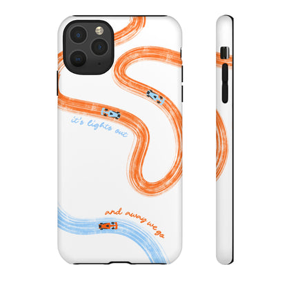 McLaren F1 Phone Case Orange and Blue Painted "its lights out and away we go", Trendy F1 Gift, Formula 1 Gift, Cute F1 Phone Case