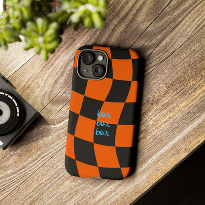 McLaren Orange and Black Checkered F1 Phone Case, Box Box Box F1 Phone Case