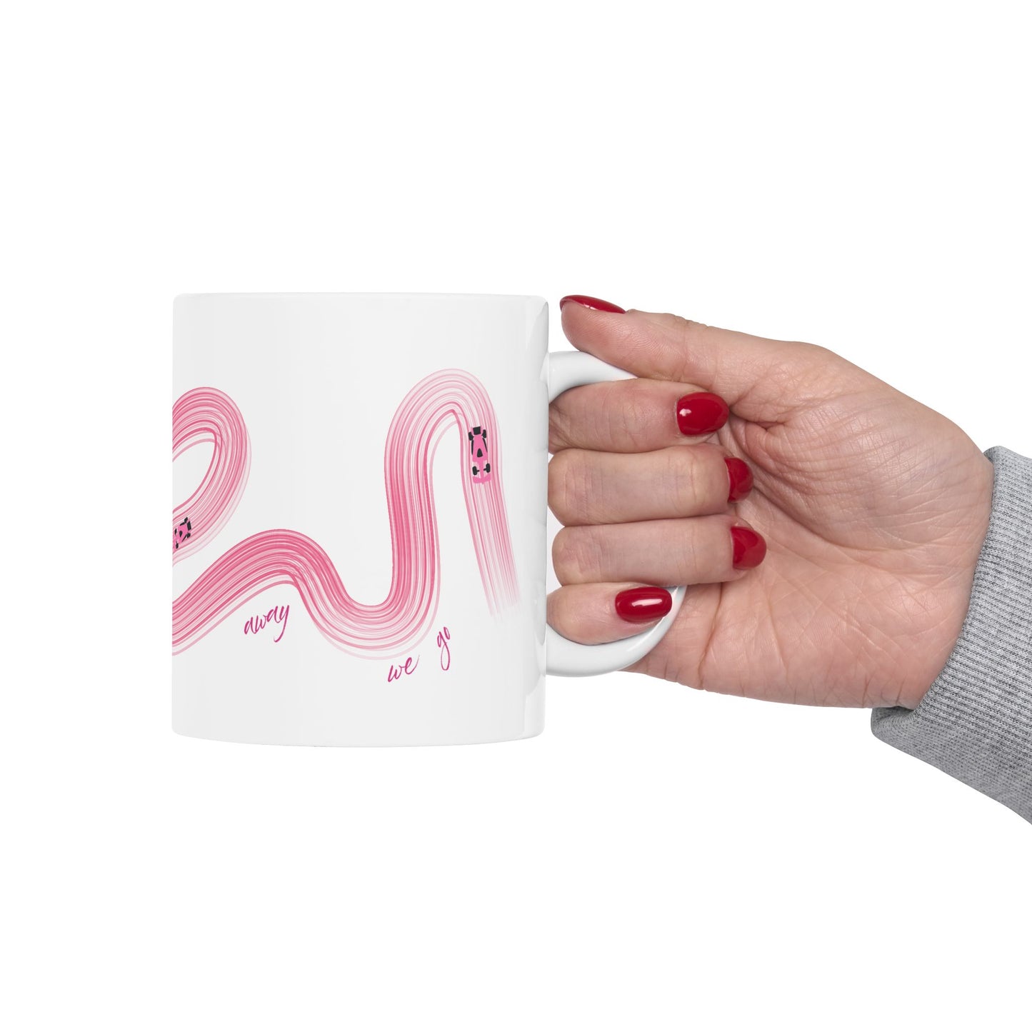 Pink Painted F1  It's Lights Out and Away We Go Mug, Unique Gift for Coffee Lovers, Whimsical Formula 1 Gift