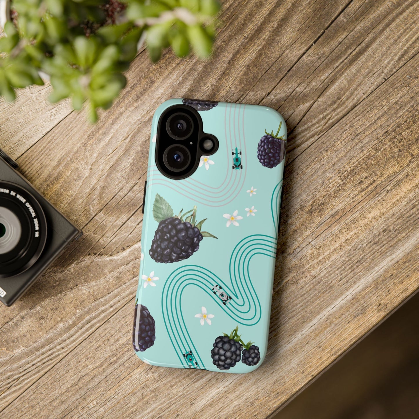 Teal F1 Mercedes and Blackberries Phone Case , Trendy F1 Gift, Formula 1 Gift, Cute Fruit F1 Phone Case, Unique Phone Case