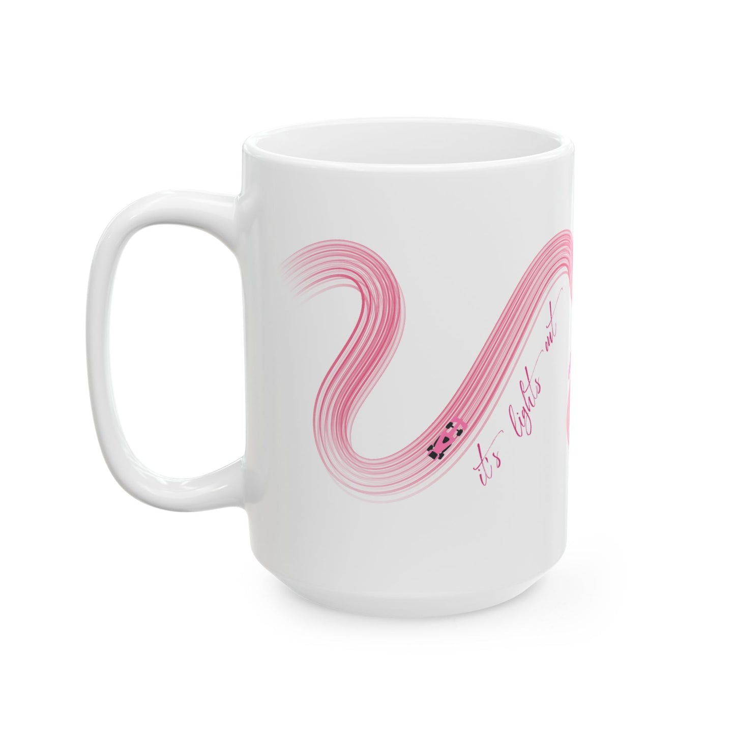 Pink Painted F1  It's Lights Out and Away We Go Mug, Unique Gift for Coffee Lovers, Whimsical Formula 1 Gift