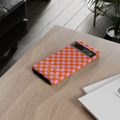 Simply Lovely Orange and Pink Checkered F1 Phone Case Design, Trendy F1 Gift, Formula 1 Gift, Cute F1 Phone Case