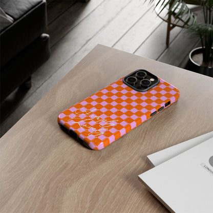 Simply Lovely Orange and Pink Checkered F1 Phone Case Design, Trendy F1 Gift, Formula 1 Gift, Cute F1 Phone Case