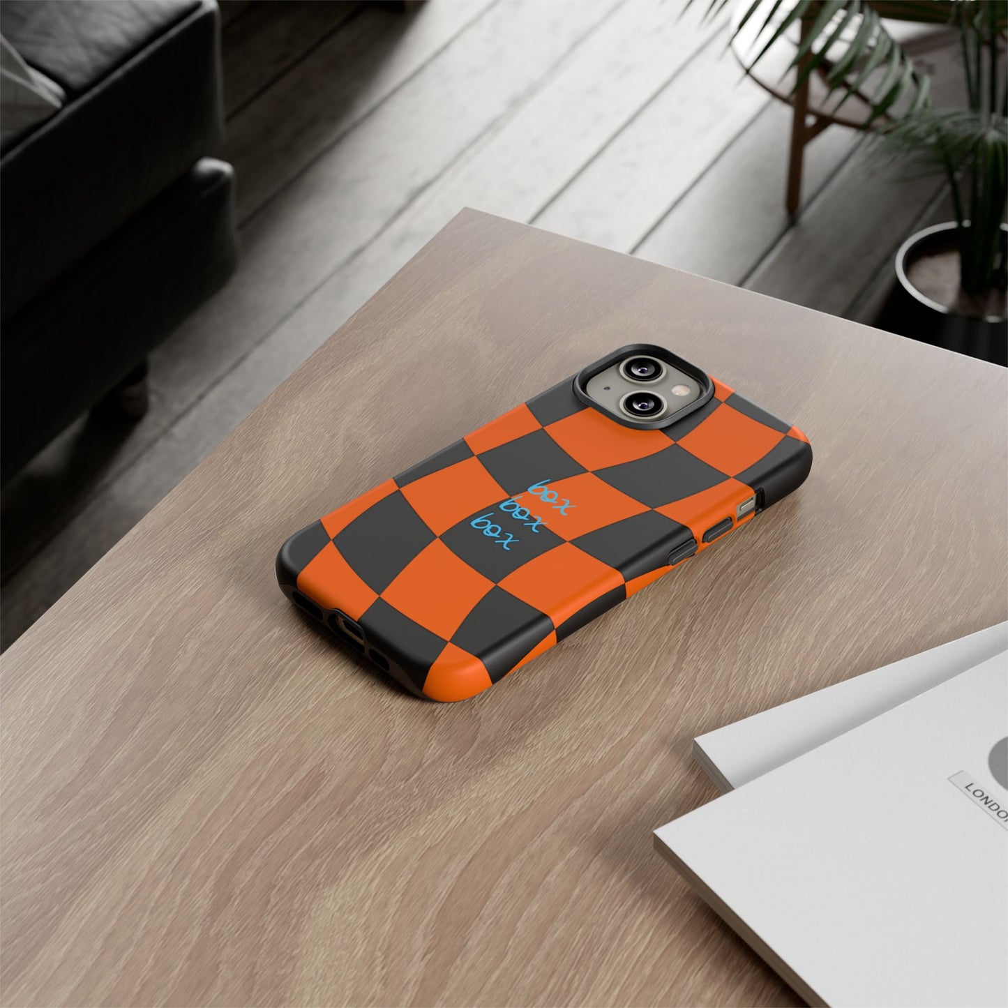 McLaren Orange and Black Checkered F1 Phone Case, Box Box Box F1 Phone Case