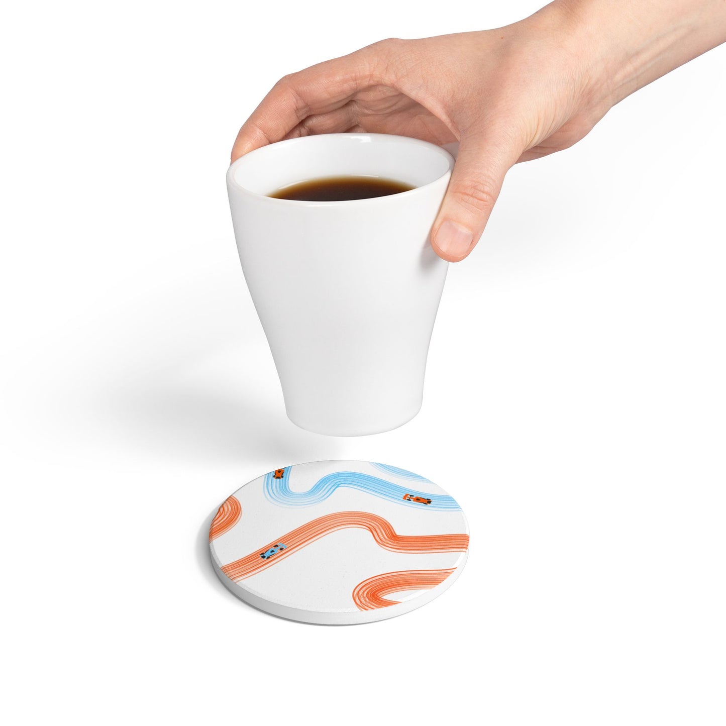 McLaren Orange and Blue Racing Cars Track Illustration Ceramic Coaster | Curved Tracks with Tiny Cars