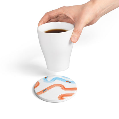 McLaren Orange and Blue Racing Cars Track Illustration Ceramic Coaster | Curved Tracks with Tiny Cars