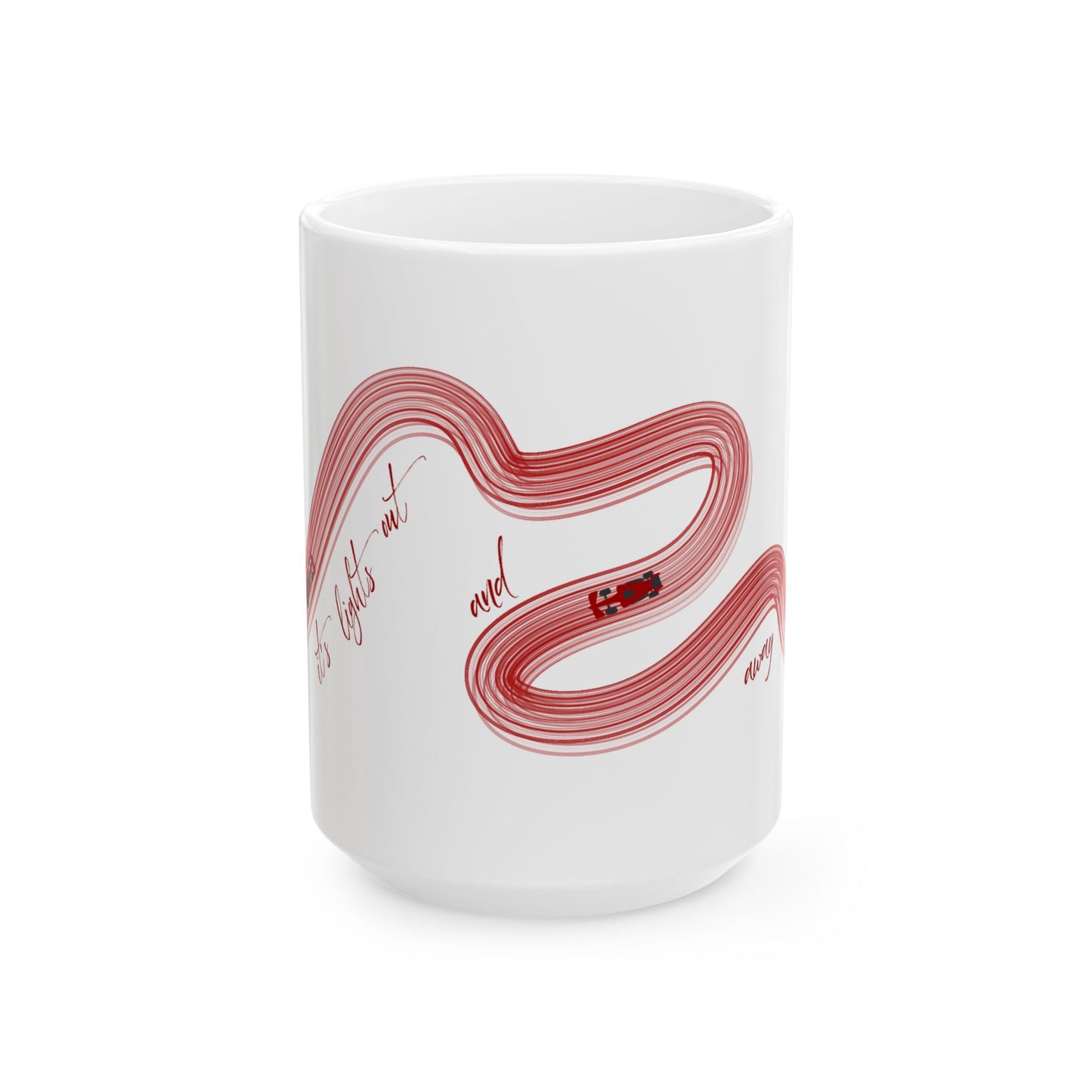 Red Painted F1  It's Lights Out and Away We Go Mug, Unique Gift for Coffee Lovers, Whimsical Formula 1 Gift