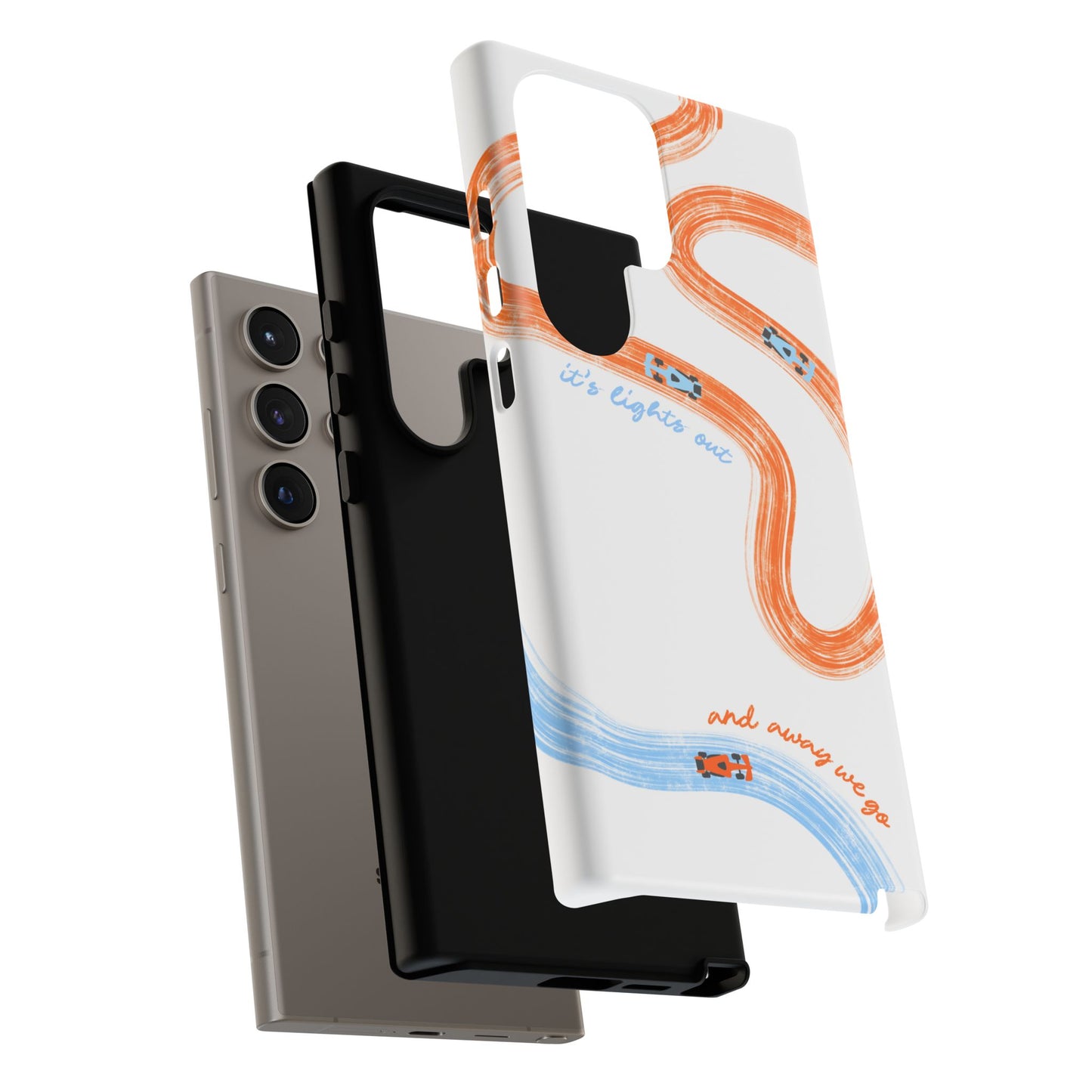 McLaren F1 Phone Case Orange and Blue Painted "its lights out and away we go", Trendy F1 Gift, Formula 1 Gift, Cute F1 Phone Case