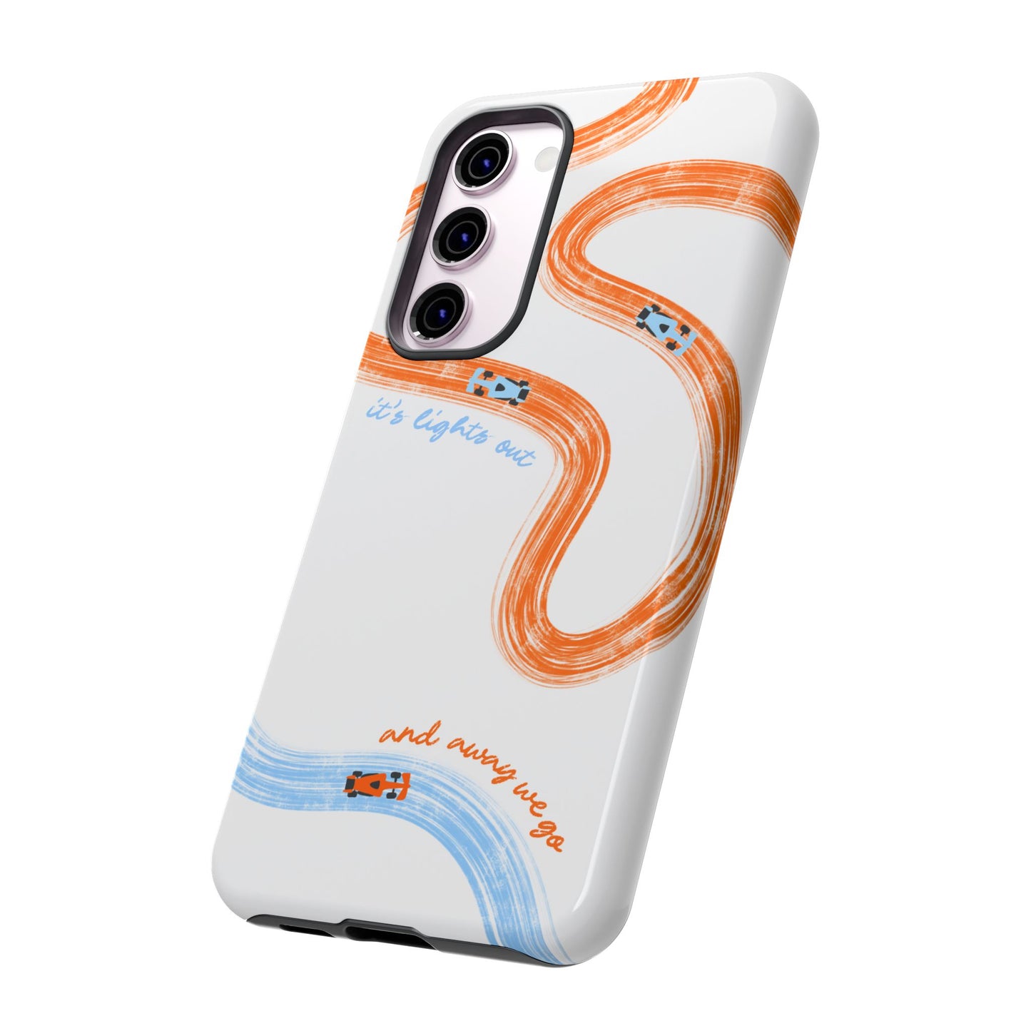 McLaren F1 Phone Case Orange and Blue Painted "its lights out and away we go", Trendy F1 Gift, Formula 1 Gift, Cute F1 Phone Case