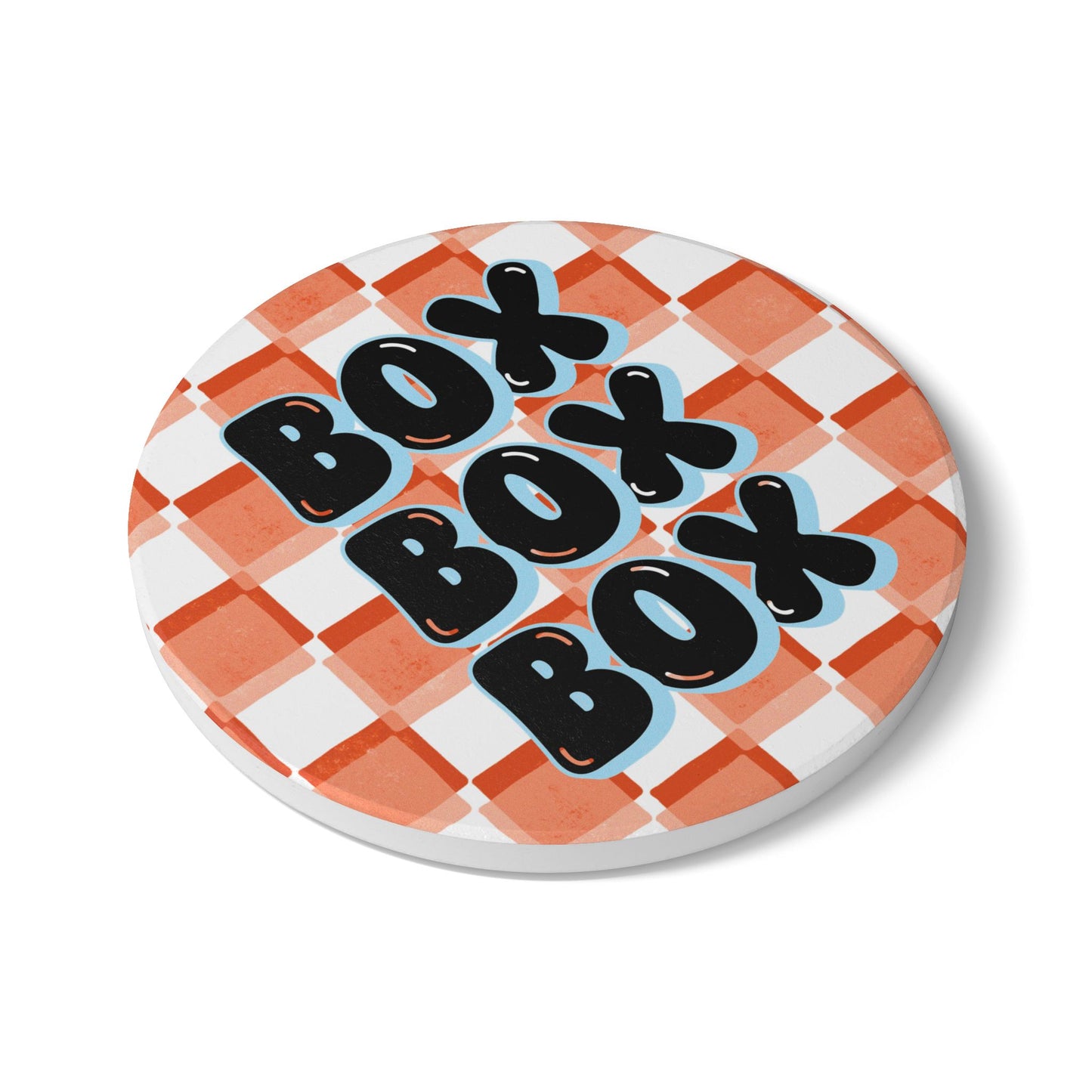 McLaren F1 Orange and Blue Checkered Ceramic Coaster | Curved Tracks with Tiny Cars