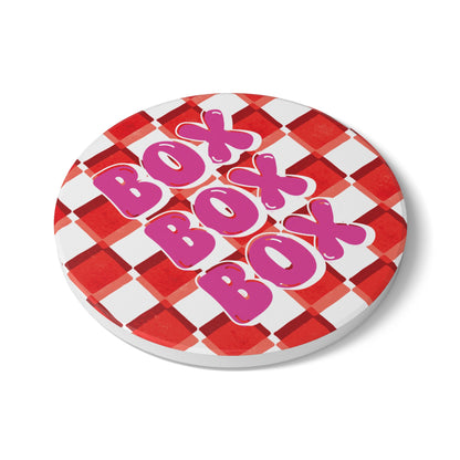 F1 Red and Pink Checkered Ceramic Coaster | Curved Tracks with Tiny Cars