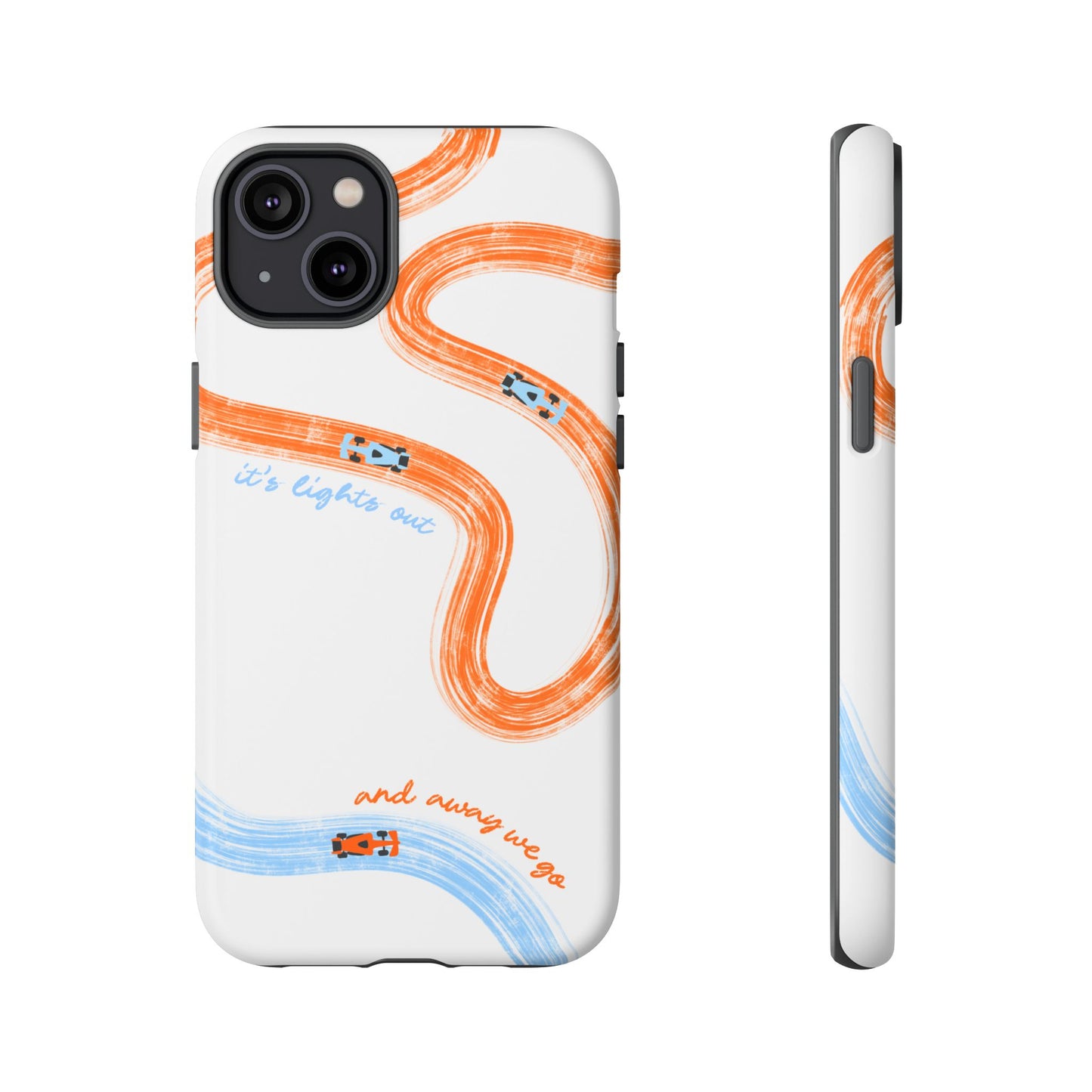 McLaren F1 Phone Case Orange and Blue Painted "its lights out and away we go", Trendy F1 Gift, Formula 1 Gift, Cute F1 Phone Case