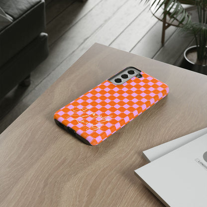 Simply Lovely Orange and Pink Checkered F1 Phone Case Design, Trendy F1 Gift, Formula 1 Gift, Cute F1 Phone Case