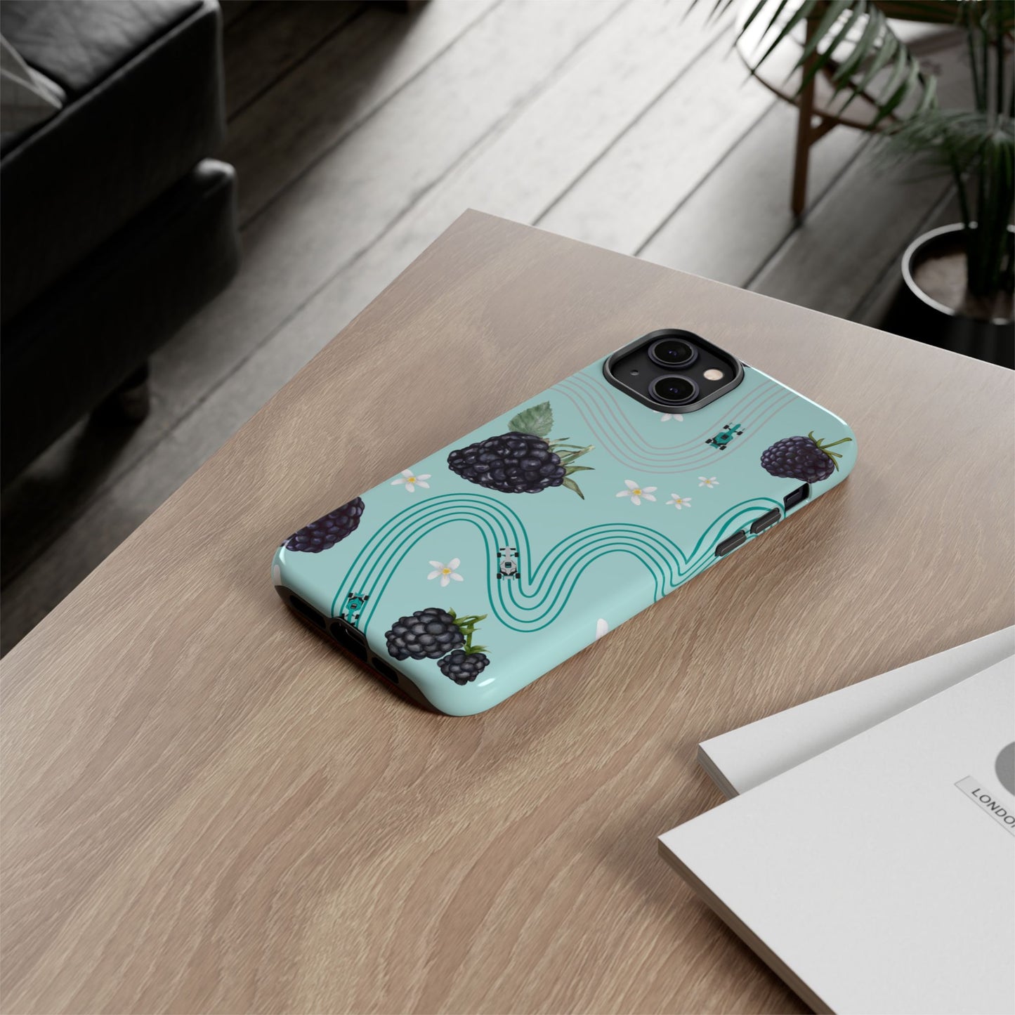 Teal F1 Mercedes and Blackberries Phone Case , Trendy F1 Gift, Formula 1 Gift, Cute Fruit F1 Phone Case, Unique Phone Case