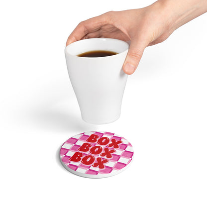 F1 Red and Pink Checkered Ceramic Coaster | Curved Tracks with Tiny Cars