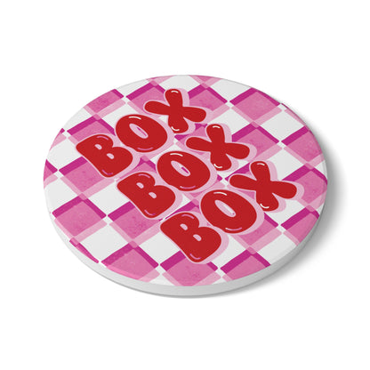 F1 Red and Pink Checkered Ceramic Coaster | Curved Tracks with Tiny Cars
