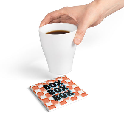 McLaren F1 Orange and Blue Checkered Ceramic Coaster | Curved Tracks with Tiny Cars