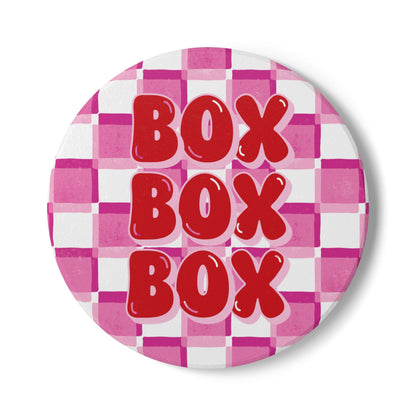 F1 Red and Pink Checkered Ceramic Coaster | Curved Tracks with Tiny Cars