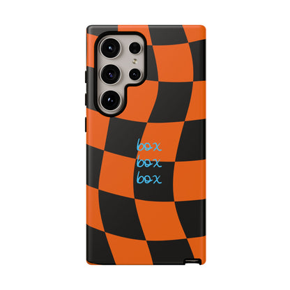McLaren Orange and Black Checkered F1 Phone Case, Box Box Box F1 Phone Case
