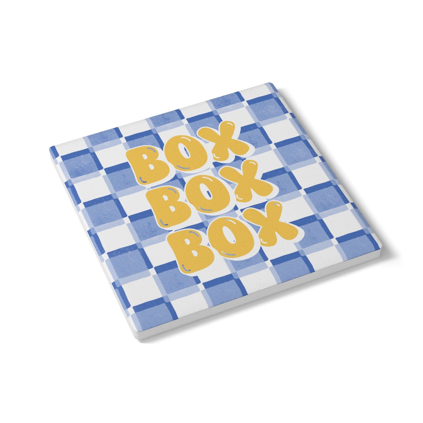 F1 Racing Bulls Blue and Yellow Checkered Ceramic Coaster | Curved Tracks with Tiny Cars