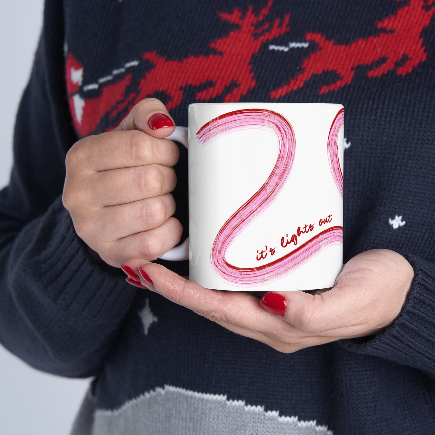 Pink and Red Painted It's Lights Out and Away We Go Mug, Unique Gift for Coffee Lovers, Whimsical Formula 1 Gift