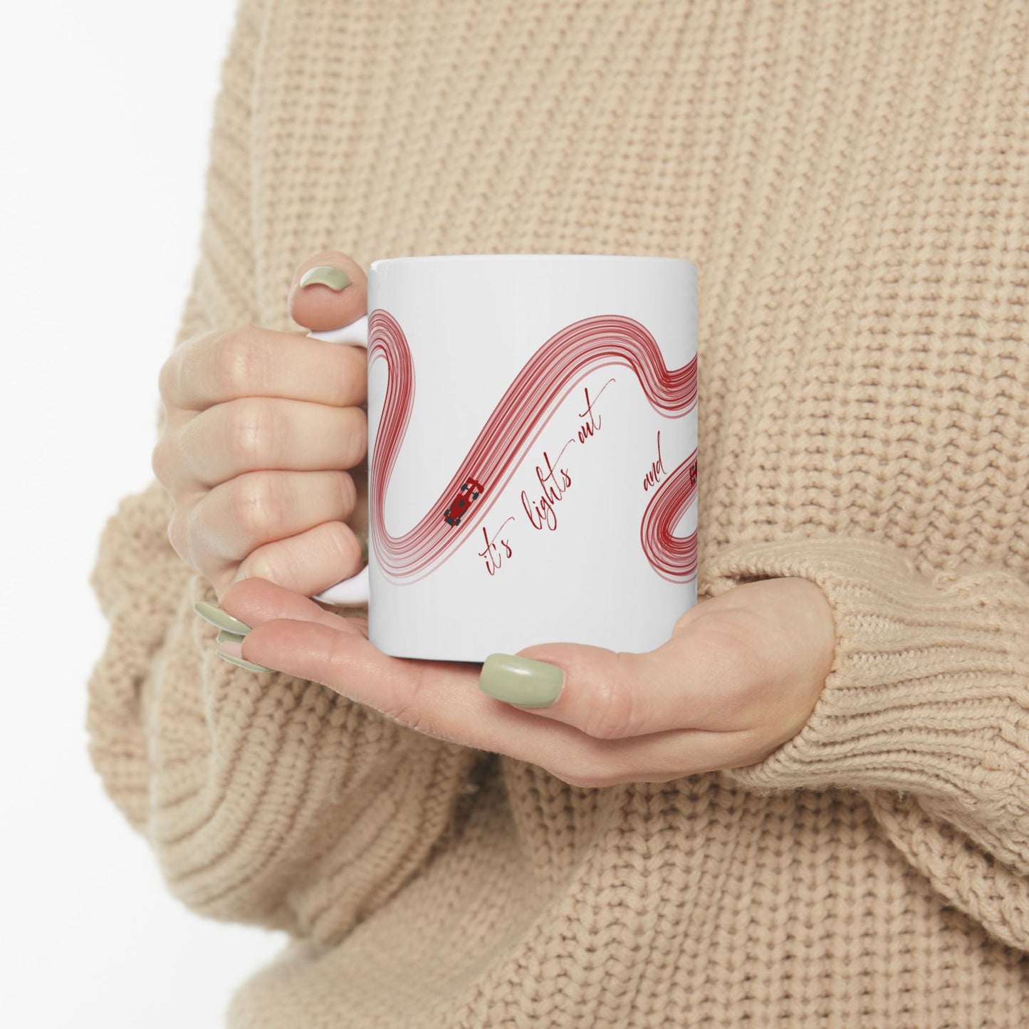 Red Painted F1  It's Lights Out and Away We Go Mug, Unique Gift for Coffee Lovers, Whimsical Formula 1 Gift
