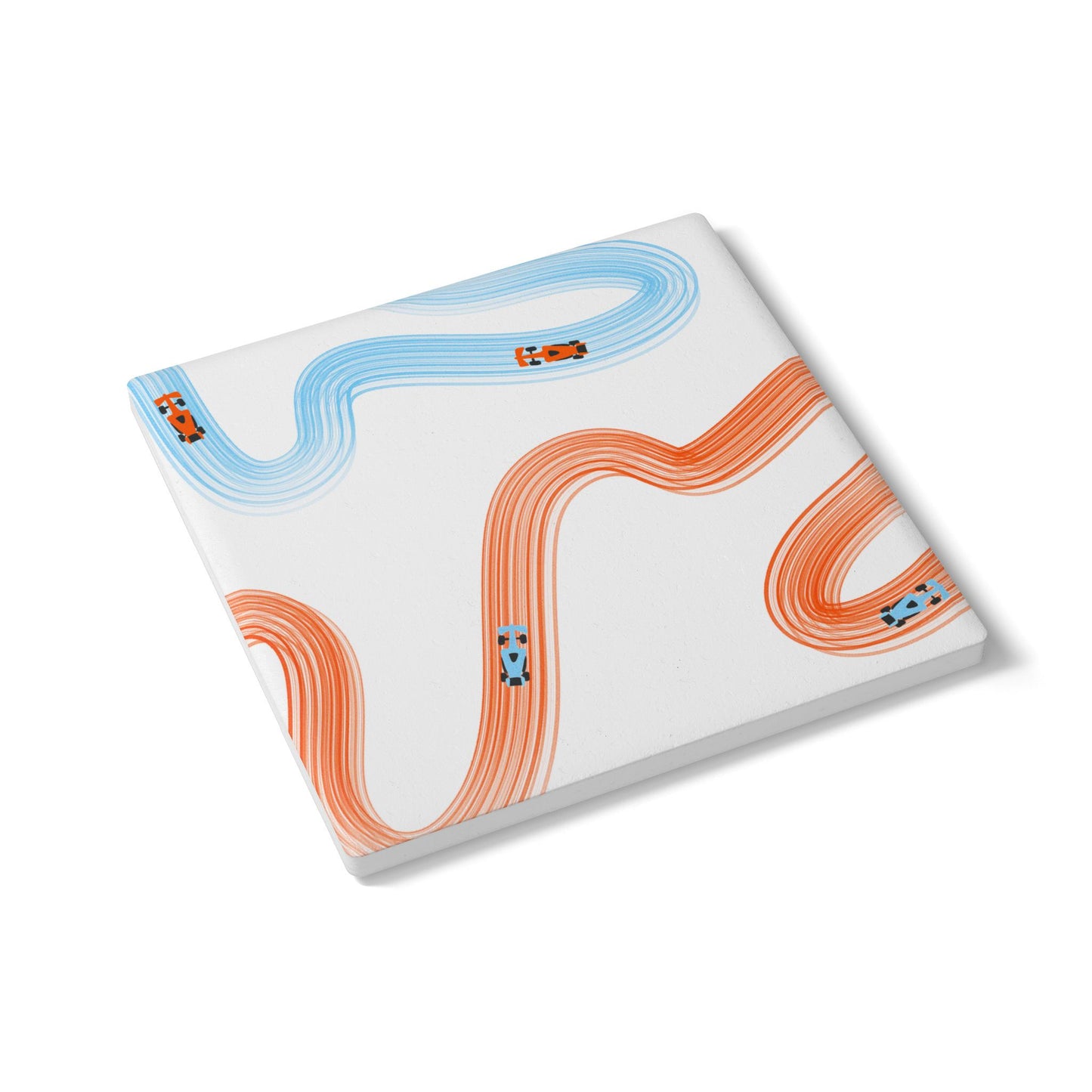 McLaren Orange and Blue Racing Cars Track Illustration Ceramic Coaster | Curved Tracks with Tiny Cars