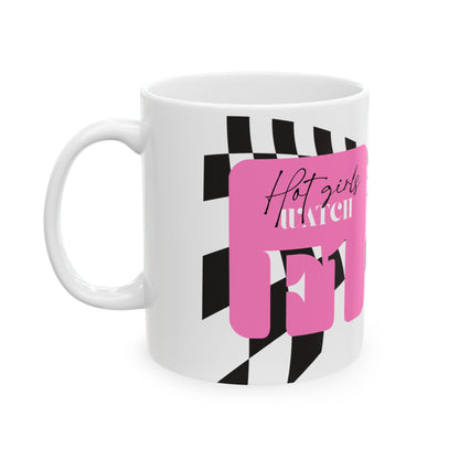 Pink Checkered F1 Mug, Hot Girls Watch F1 Mug