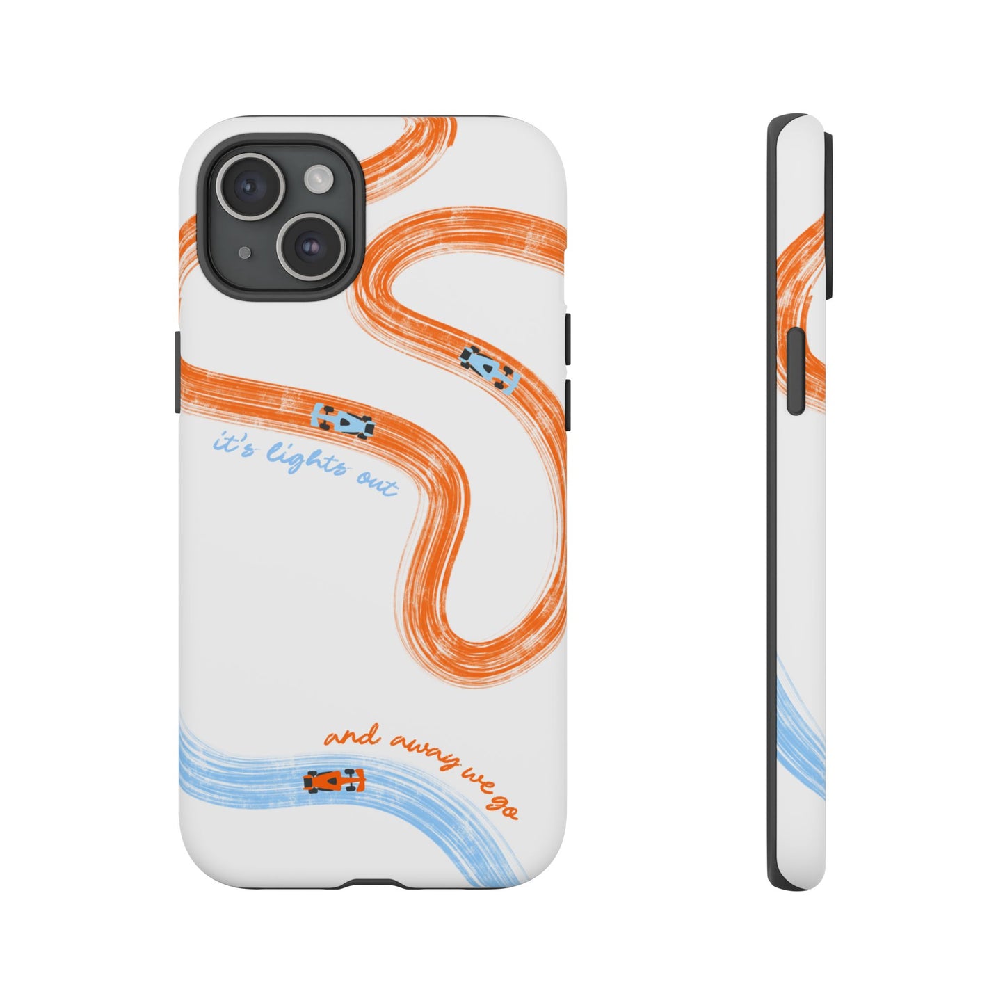 McLaren F1 Phone Case Orange and Blue Painted "its lights out and away we go", Trendy F1 Gift, Formula 1 Gift, Cute F1 Phone Case