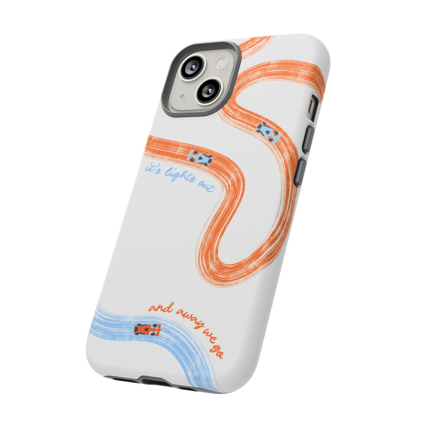 McLaren F1 Phone Case Orange and Blue Painted "its lights out and away we go", Trendy F1 Gift, Formula 1 Gift, Cute F1 Phone Case