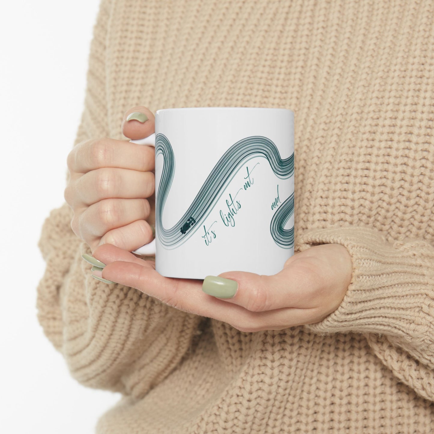 Green Painted F1  It's Lights Out and Away We Go Mug, Unique Gift for Coffee Lovers, Whimsical Formula 1 Gift