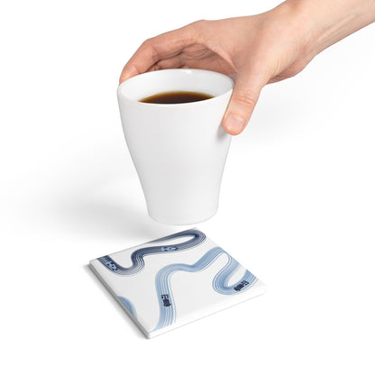 Blue Racing Cars Track Illustration Ceramic Coaster | Curved Tracks with Tiny Cars