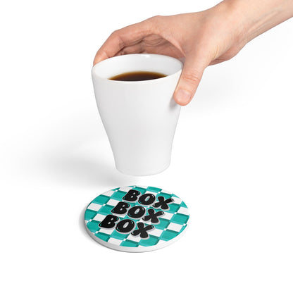 Mercedes F1 Teal and Grey Checkered Ceramic Coaster | Curved Tracks with Tiny Cars