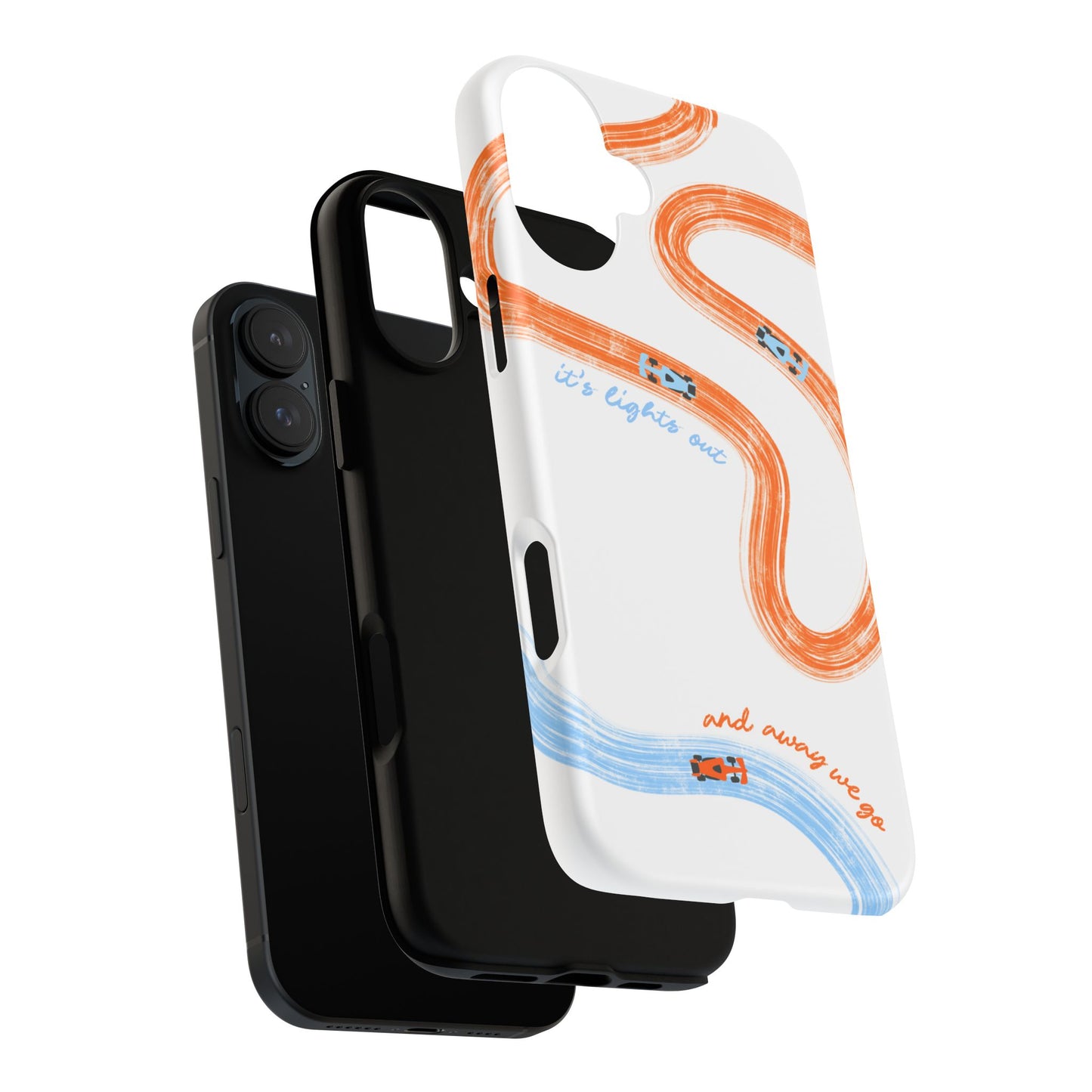 McLaren F1 Phone Case Orange and Blue Painted "its lights out and away we go", Trendy F1 Gift, Formula 1 Gift, Cute F1 Phone Case