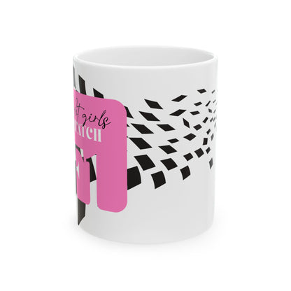 Pink Checkered F1 Mug, Hot Girls Watch F1 Mug
