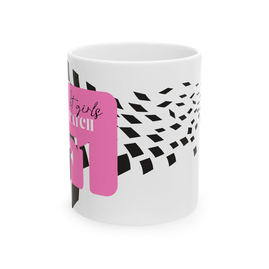 Pink Checkered F1 Mug, Hot Girls Watch F1 Mug