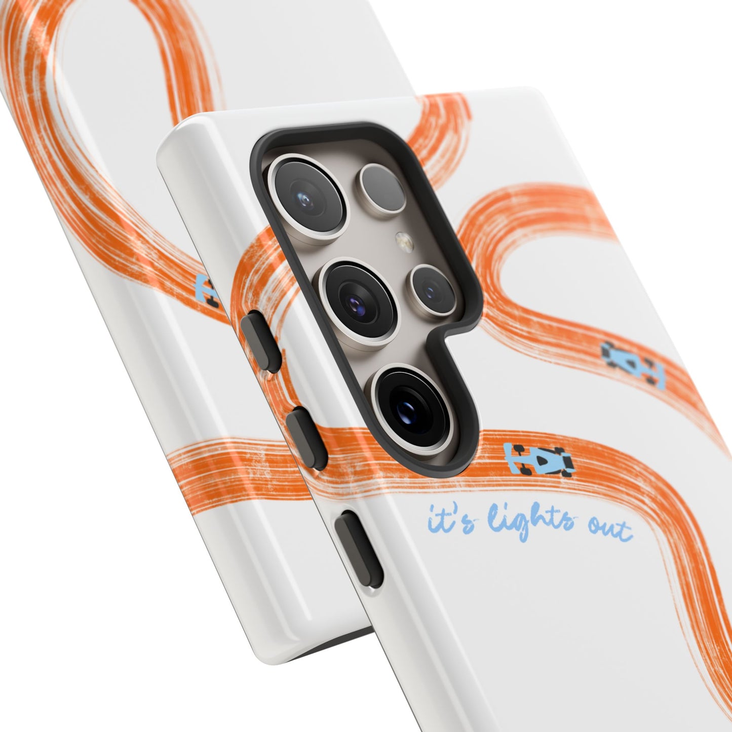 McLaren F1 Phone Case Orange and Blue Painted "its lights out and away we go", Trendy F1 Gift, Formula 1 Gift, Cute F1 Phone Case