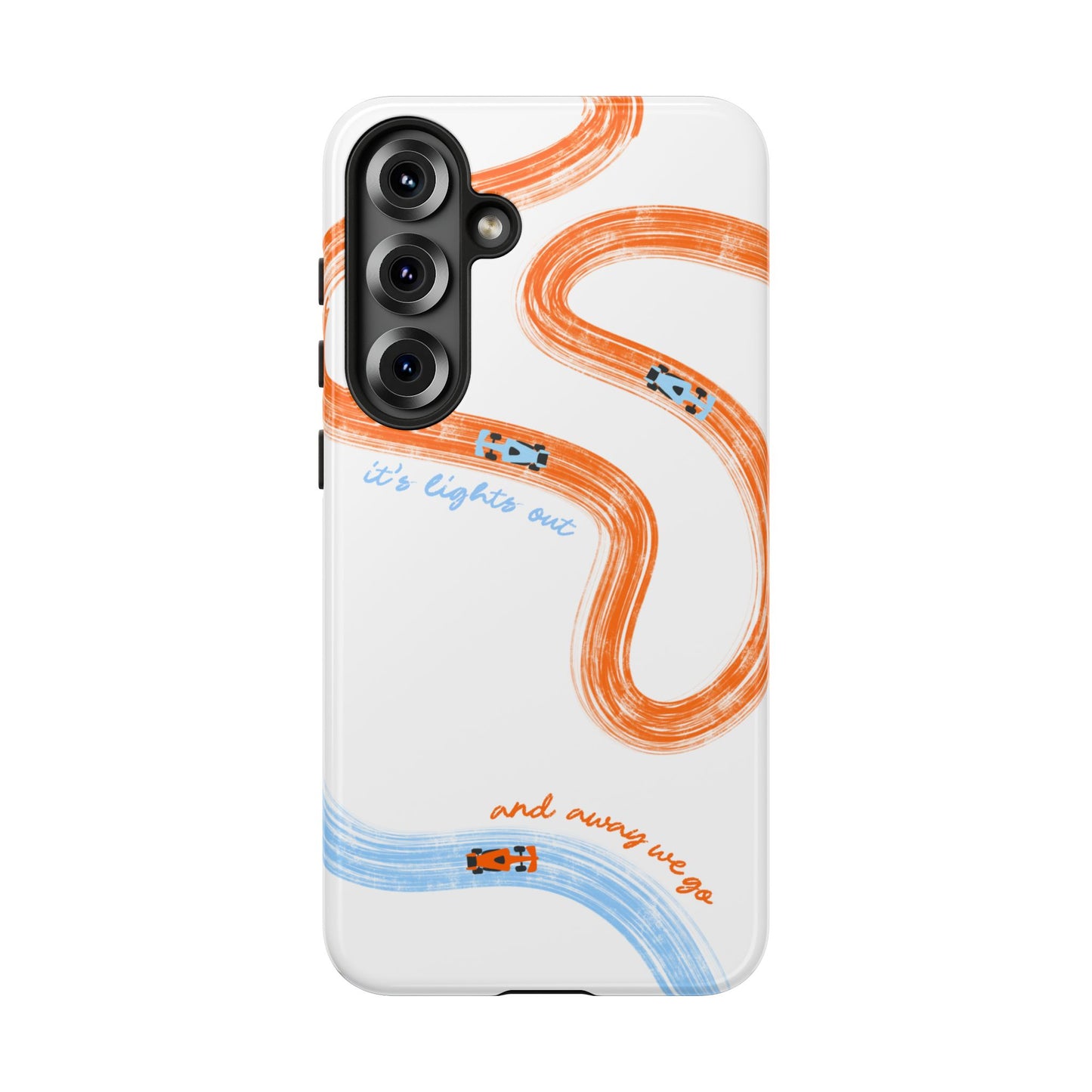 McLaren F1 Phone Case Orange and Blue Painted "its lights out and away we go", Trendy F1 Gift, Formula 1 Gift, Cute F1 Phone Case