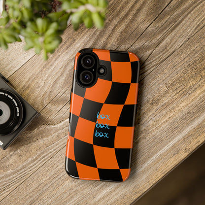 McLaren Orange and Black Checkered F1 Phone Case, Box Box Box F1 Phone Case